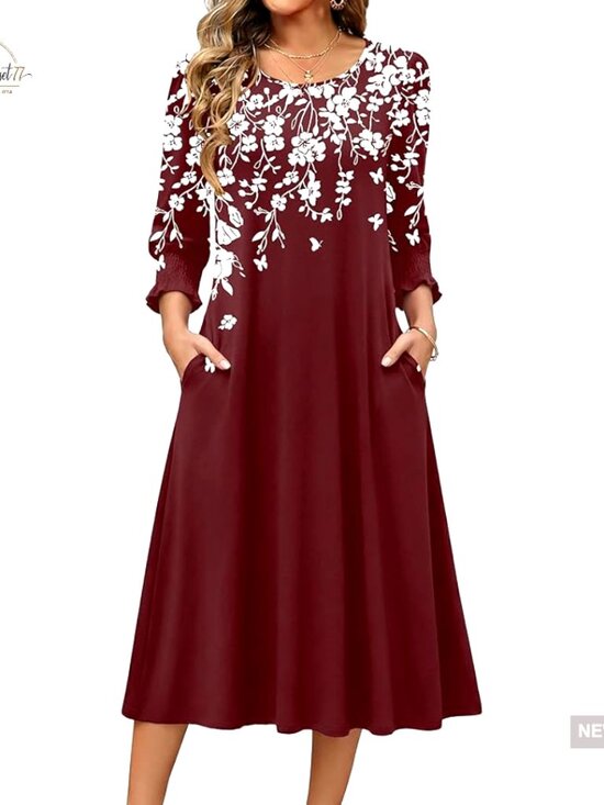 Dresses & Skirts - Floral Midi Dress with Pockets 3/4 Sleeve Casual Summer Women's
